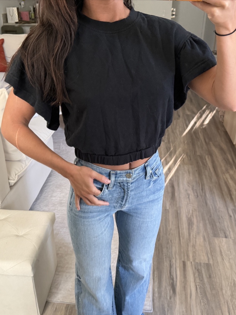 Alice + Olivia Joline Ruffle Sleeve Crop Sweatshirt Black